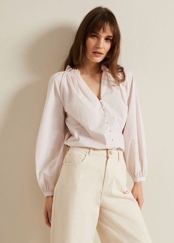 Phase Eight Seraphina Stripe Frill Shirts White USA | 1395802-TR